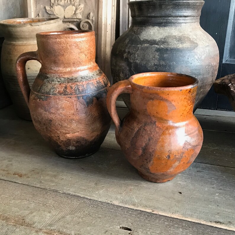Antique Pottery Jug, Pitcher, Vase, Redware, Folk Art, Rustic Terra Cotta, Hand Thrown, Hand Painted, 19th C, Rustic Farmhouse, Farm Table image 3