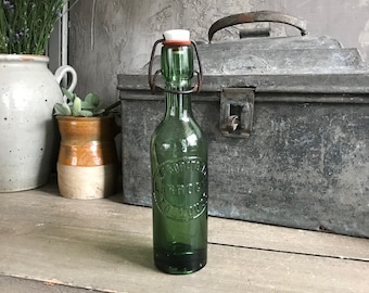 1 1930s French Glass Bottle, Green, Biere, Beer, Ceramic Top