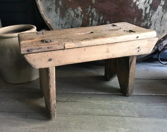 Rustic Wood Stool, Handmade Hardwood Bench, Primitive European Farmhouse Decor