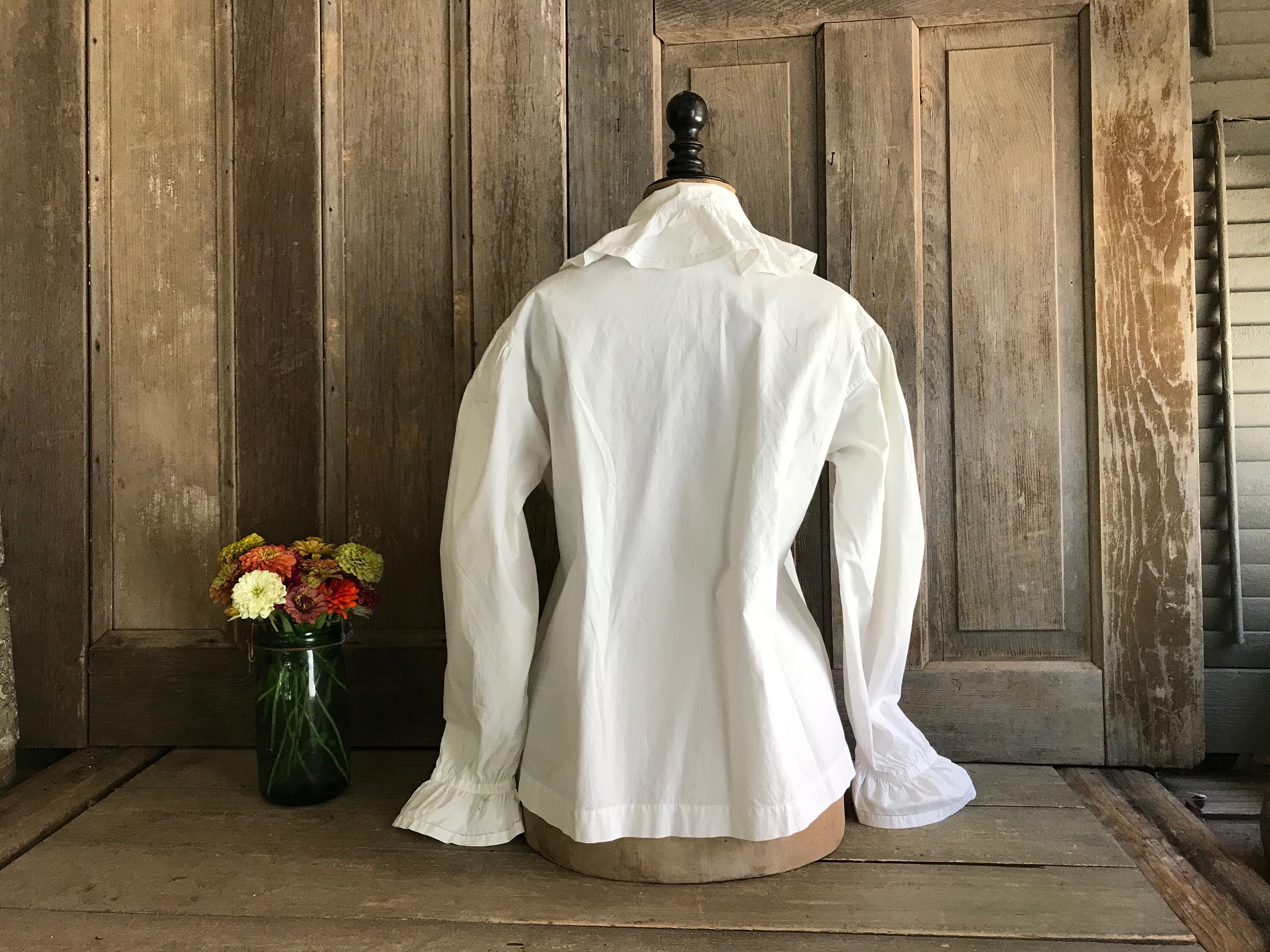 French White Cotton Chemise Blouse, Flounce Chemisier, Ruffle