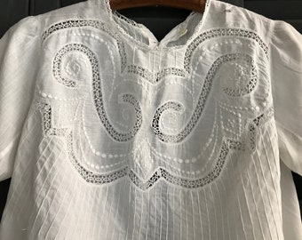 French Embroidered Lace Blouse, White Cotton Batiste, Edwardian, Period Clothing