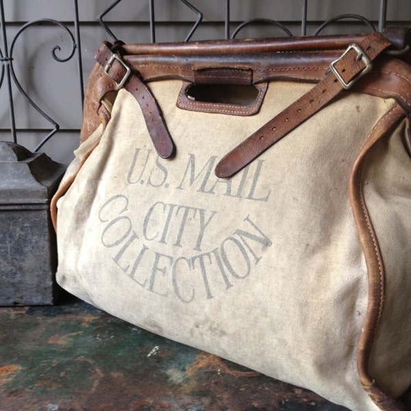 U.S. Mail City Collection Bag ~ Large Vintage Canvas & Leather Duffle ~ Leather Belting Straps