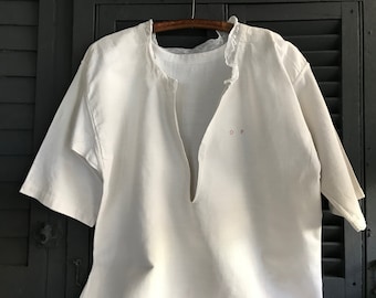 19th C French Linen Smock, Chemise, Night Shirt, Hand Sewn Smock, French Farmhouse