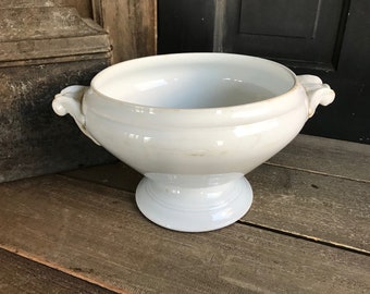 Antique French Ironstone Compote, Faïence Tureen, Opaque Luneville Pottery, Lidded Fruit Bowl, Pedestal, Tureen, Tea Stained