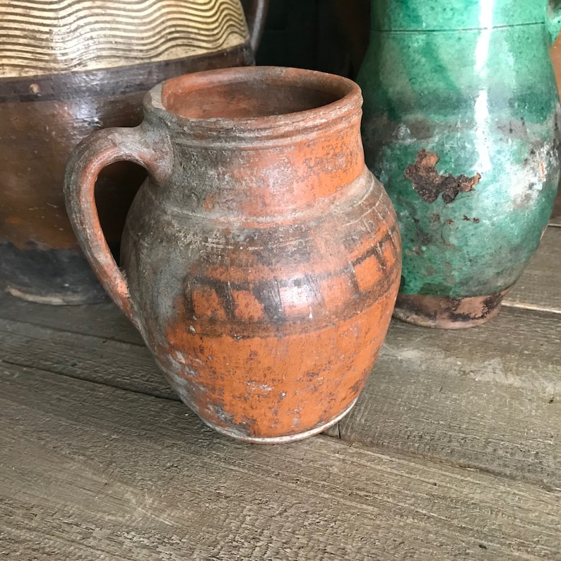 Antique Pottery Jug, Pitcher, Vase, Redware, Folk Art, Rustic Terra Cotta, Hand Thrown, Hand Painted, 19th C, Rustic Farmhouse, Farm Table image 6