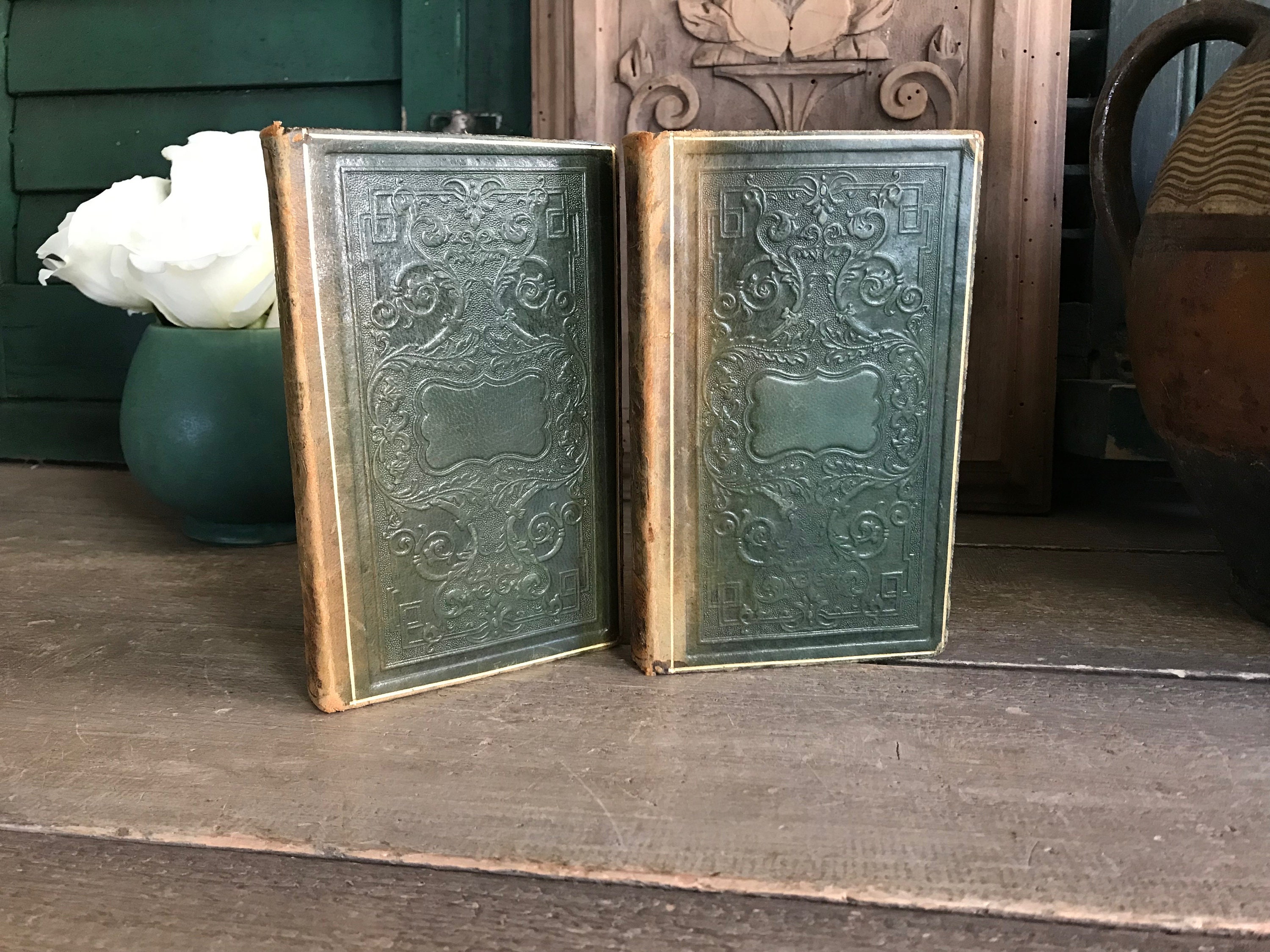 1838 French Leather Books, Les Délassements De Ma Fille, Timeworn Embossed Green Leather, Gilt Spine, Antique Stacking Classic Novel