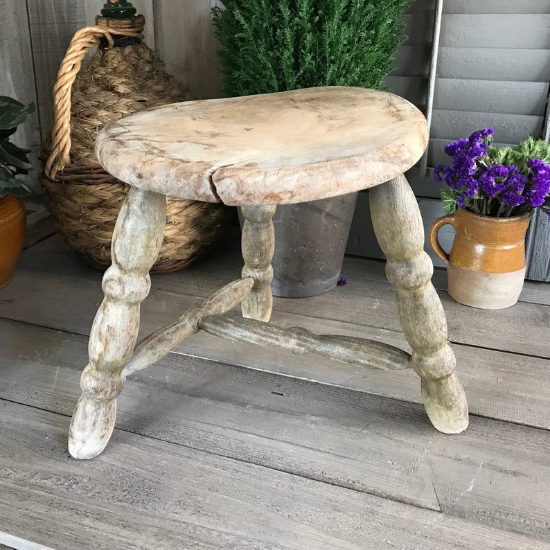 Rustic weathered white vintage wood milking stool. #stools #homedecor #rusticdecor