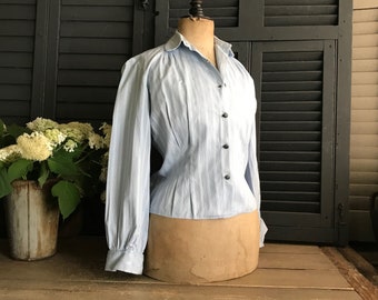French Blue Cotton Blouse Shirt, Fitted, Retro Sportswear, Womens 1950s Casual Wear