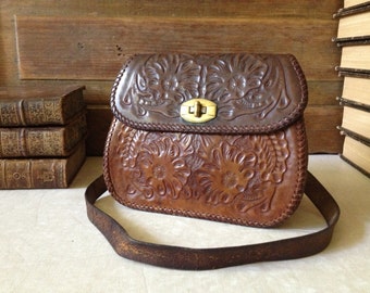 Vintage 50s 60s ~ True Vintage Seinna Brown Artisan Tooled Leather Handbag