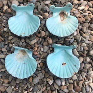 1 French Enamel Soap Dish, Cast Iron Faded Blue Shell, Bath Decor, Chateau Bathroom, Bathtub Dish,  Wall Soap Dish