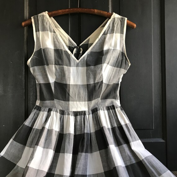 French Gingham Dress, Black Gray White Vichy Check, Summer, Sleeveless, Cotton, Size Small, Period Clothing