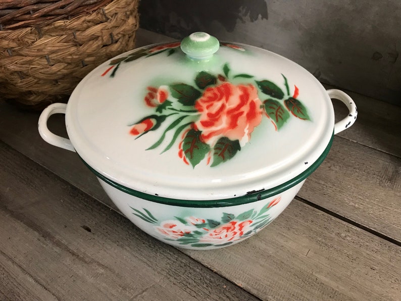 Coral Painted Roses Large Chippy French Enamel Casserole French Farmhouse