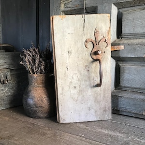 French Iron Door Handle, Latch, Hand Forged Wrought Iron, Antique Architectural Salvage, Wood Door Fragment