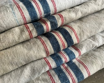 1 French Linen Laundry Sack, Blue Red Stripe, Upholstery Project Textile, French Farmhouse