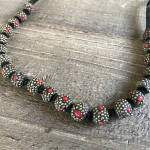 Tribal Beaded Necklace, Red Coral Cabochons, Trade Beads, Handmade, KH image 1