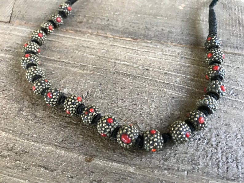 Tribal Beaded Necklace, Red Coral Cabochons, Trade Beads, Handmade, KH image 1