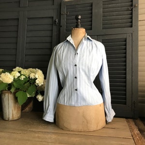 French Blue Cotton Blouse Shirt, Fitted, Retro Sportswear, Womens 1950s Casual Wear zdjęcie 3