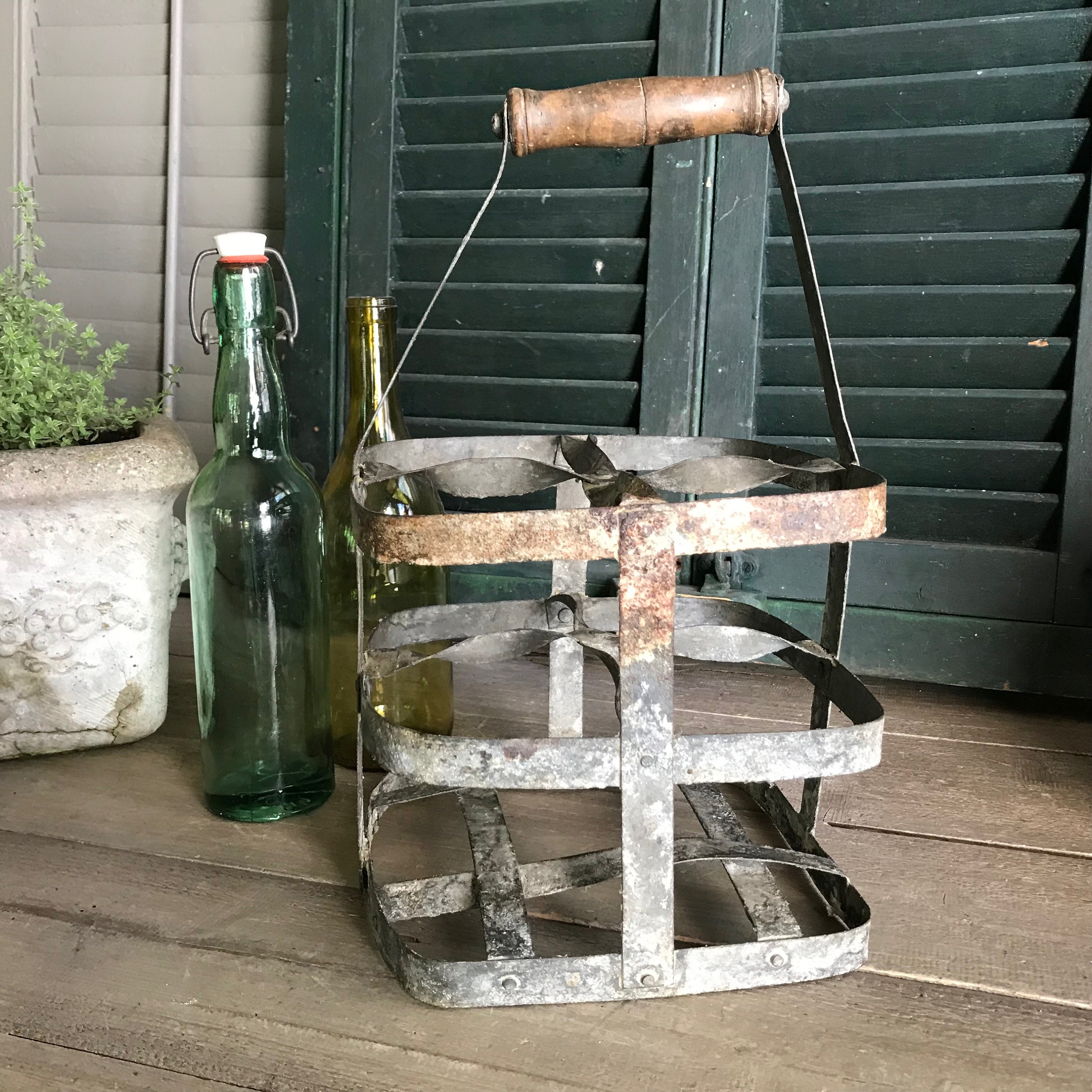 Rustic French Bottle Rack Basket, Wood Handle, Zinc Metal Bottle