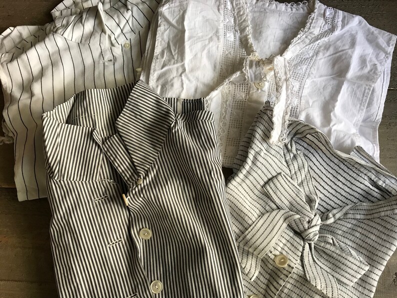 Set of 4 Sleeveless Jerkin Shirt Insert Striped Blue White Tabard Panels 1940s French Dress Bodice