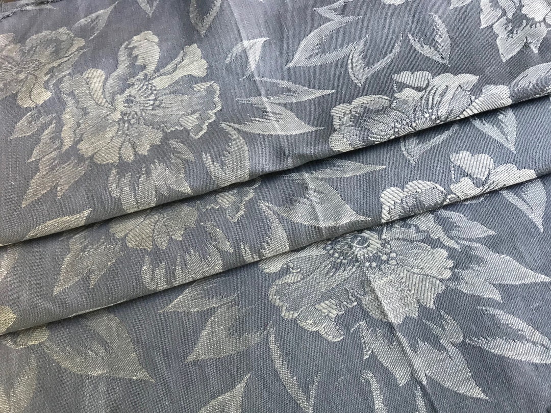 French Floral Damask Ticking Fabric, Slate Blue Floral Pattern, Sewing