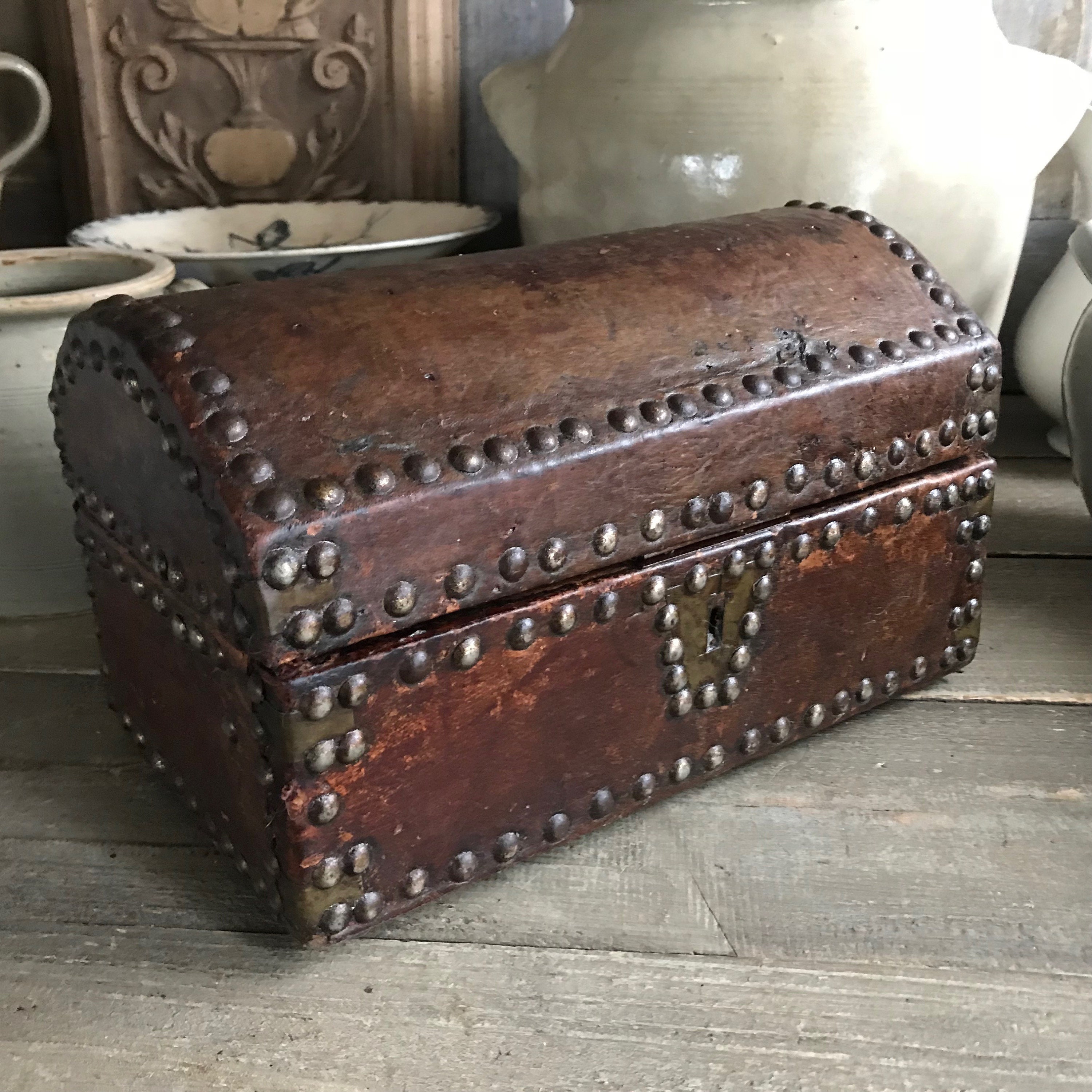 French Studded Leather Casket, Wood, Jewelry Box, Treasure Box