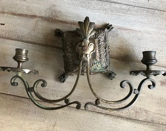 Antique French Candle Sconce, Bronze Candelabra, Wall Mounted, Garden Candle Holder