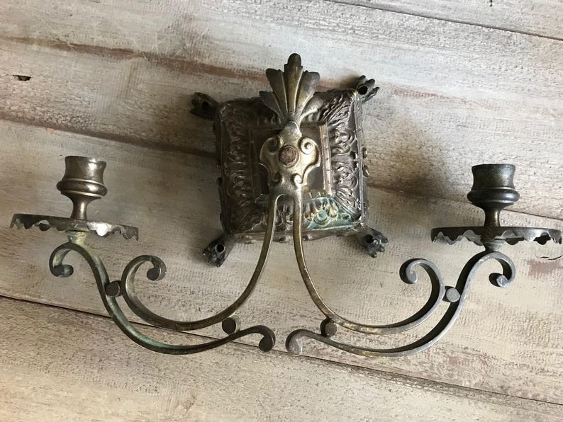 Antique French Candle Sconce, Bronze Candelabra, Wall Mounted, Garden Candle Holder image 1