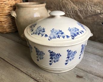 French Soupière Tureen, Lid, Faience, Ironstone, Stoneware Pottery, Blue Floral Transferware, Fainance