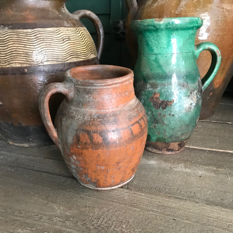 Antique Pottery Jug, Pitcher, Vase, Redware, Folk Art, Rustic Terra Cotta, Hand Thrown, Hand Painted, 19th C, Rustic Farmhouse, Farm Table image 4