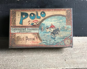 French Felix Potin Biscuit Tin, Polo, Gaufrettes, Paris, Collectable Antique Tin, ca 1920s