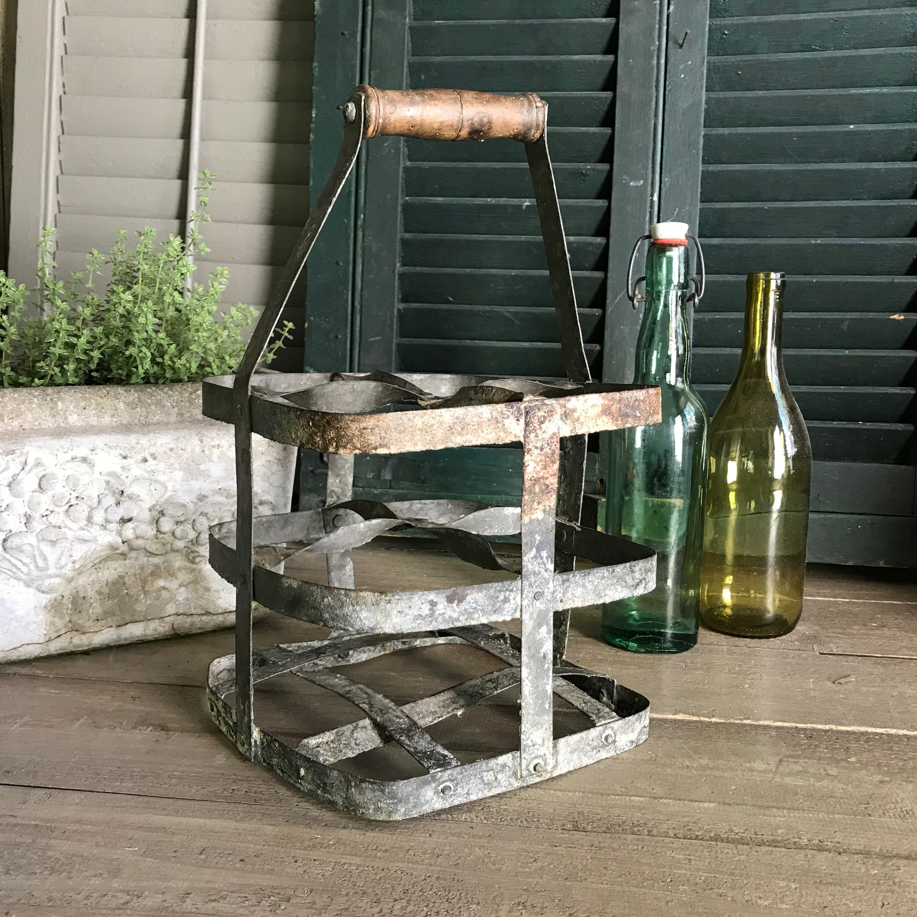 Rustic French Bottle Rack Basket, Wood Handle, Zinc Metal Bottle