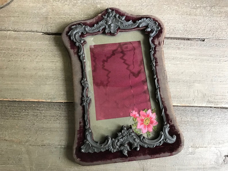 French Keepsake Picture Photo Frame, Velvet Metal Frame, Watered Silk, Floral Embroidery Appliqué image 3