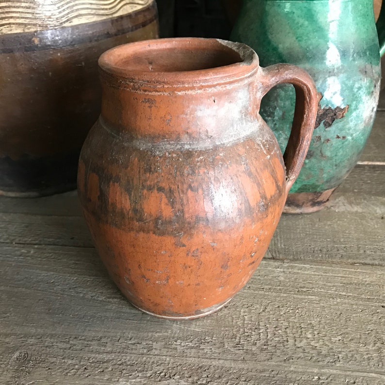 Antique Pottery Jug, Pitcher, Vase, Redware, Folk Art, Rustic Terra Cotta, Hand Thrown, Hand Painted, 19th C, Rustic Farmhouse, Farm Table image 3