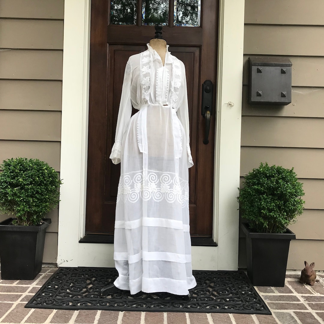 ◎Edwardian White Dress Cotton and Lace Antique 1900s Fancy Edwardian Dress, White Cotton & Lace XS