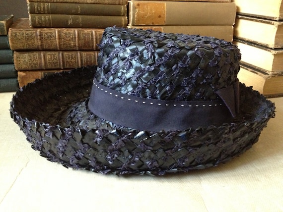 Ladies Straw Hat, Jane Morgan New York, Navy Blue… - image 1