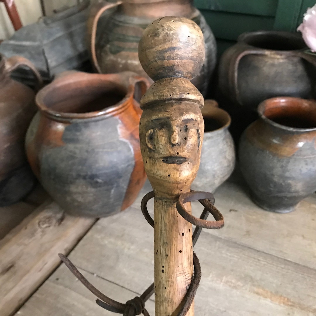 French Wood Walking Stick, Handcarved Mountain Folk Art, Serpent Stick, Brass Point, Primitive