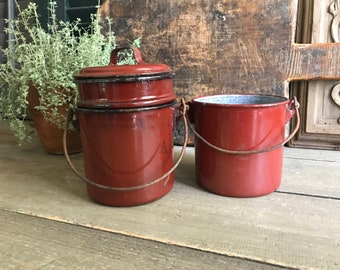 French Enamel Cooking Pot Set, Lidded with Handle, French Farmhouse Chippy Shabby Chic