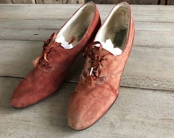 Edwardian Oxford Heels Shoes, Pumps, Antique Fabric Lace Up
