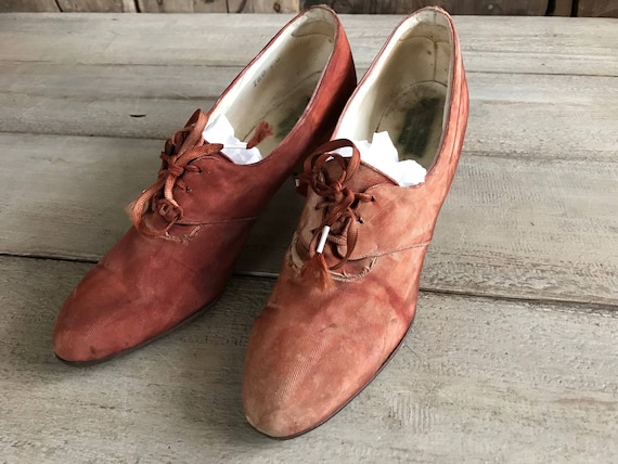 Edwardian Oxford Heels Scarpe D collet Tessuto Antico Stringate