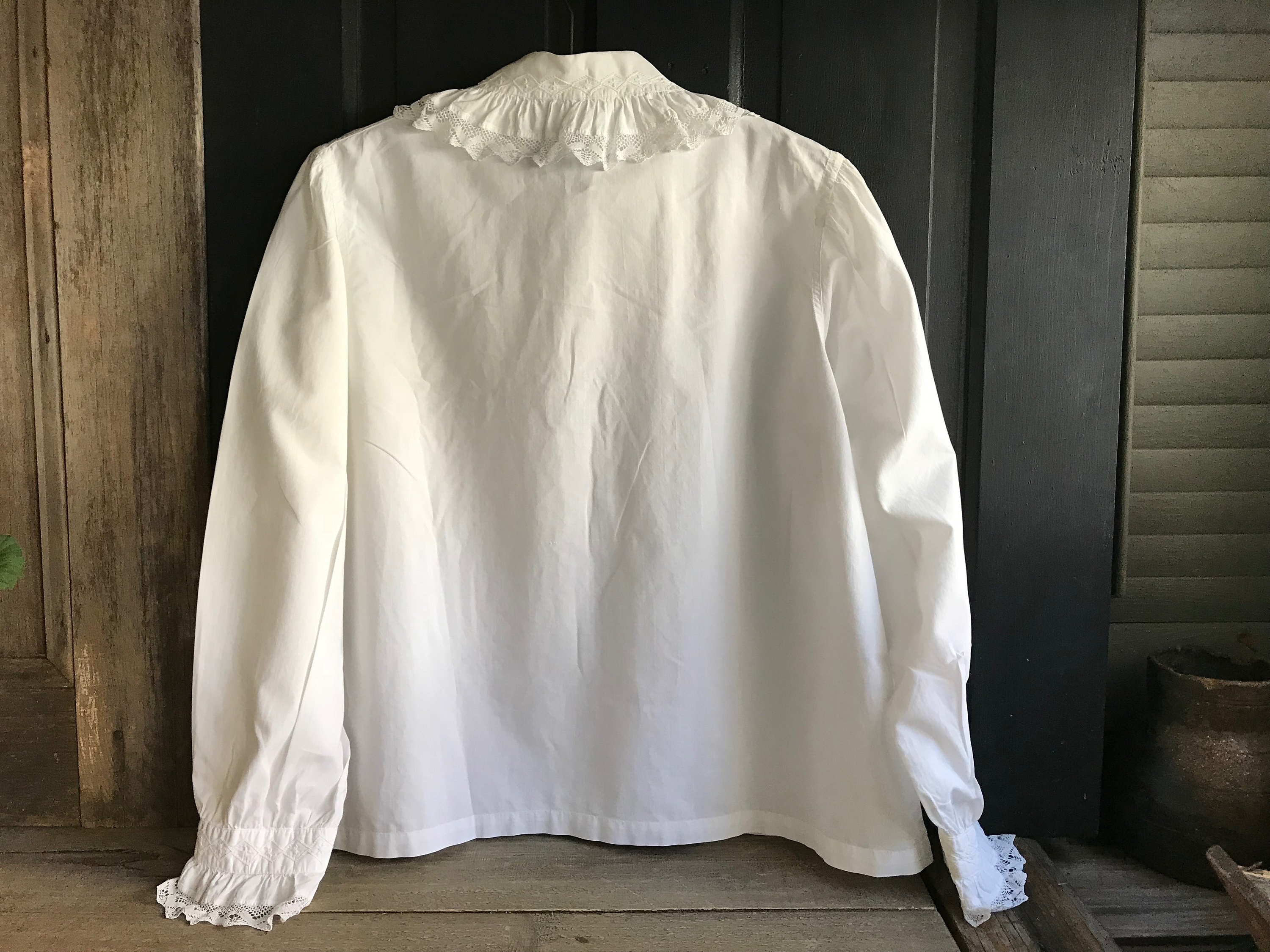 French Chemise Blouse, White Cotton, Ruffle Collar Sleeves