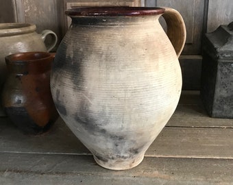 19th C Pottery Jug, Confit Jar, Olive Jar, Terra Cotta, Garden Flower Vase, Rustic European Farmhouse, Farm Table