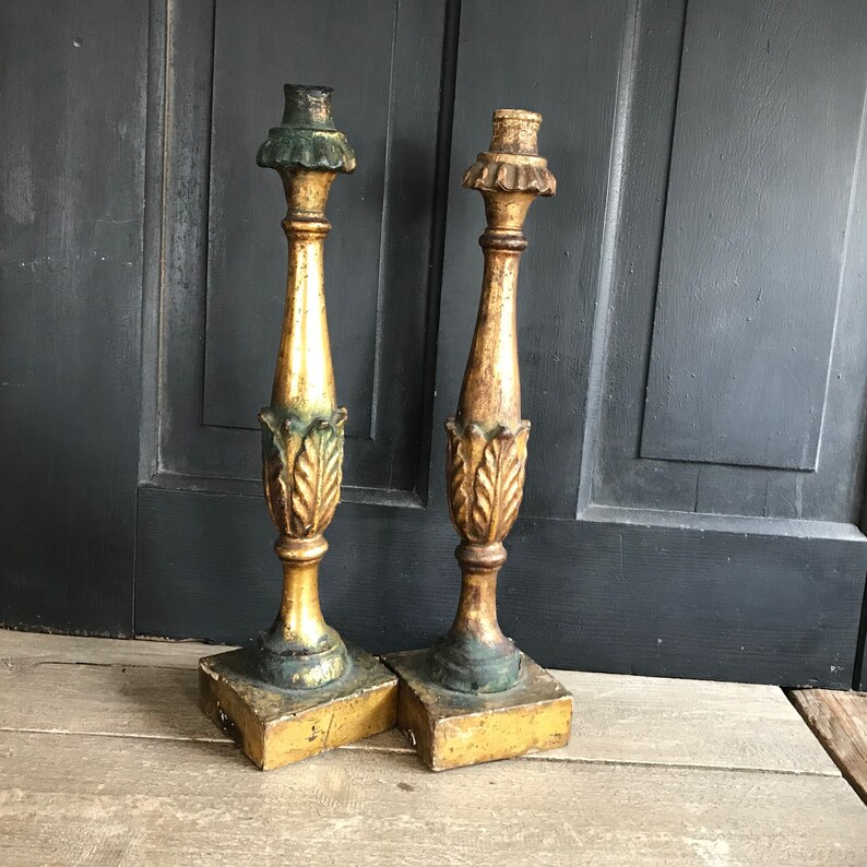 19th C French Gilded Candlesticks, Carved Wood, Antique, Architectural, Classic, Pair zdjęcie 7