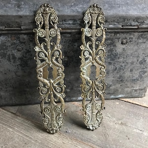 May include: A pair of antique brass keyhole escutcheons with intricate floral designs. The escutcheons are ornate and have a keyhole in the center.