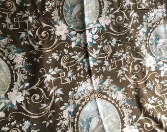 French Floral Fabric Remnant, Printed Cotton Textile, Flowers Birds Stork Print Period Textile Sewing Projects Antique