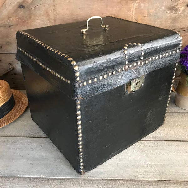 Early 19th C Leather Trunk, Hat Box, Document Case, Black, Brass Studded
