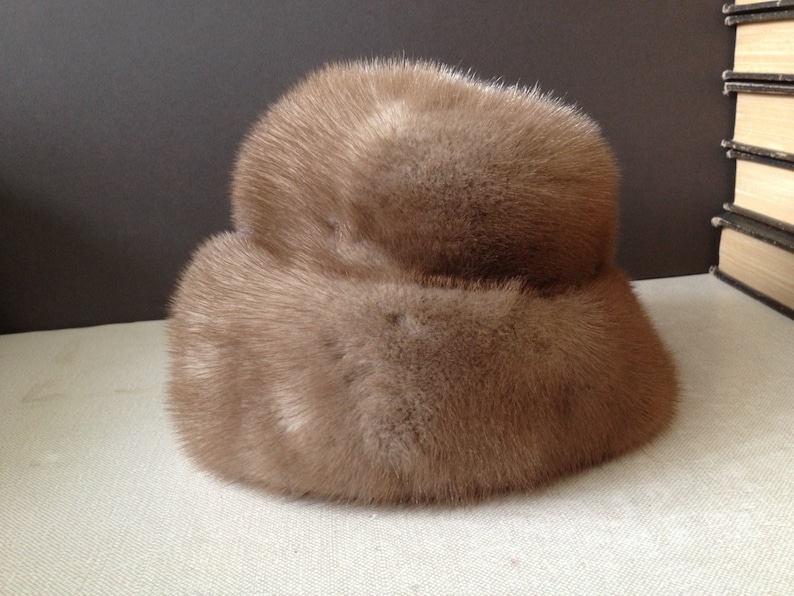 May include: A brown fur hat with a wide brim. The hat is made of soft, fluffy fur and has a simple, classic design.