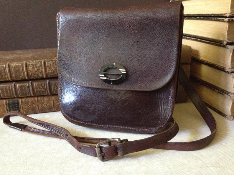 Antique Woody Brown Leather Crossbody Messenger Document Carrier Handbag Bakelite image 1