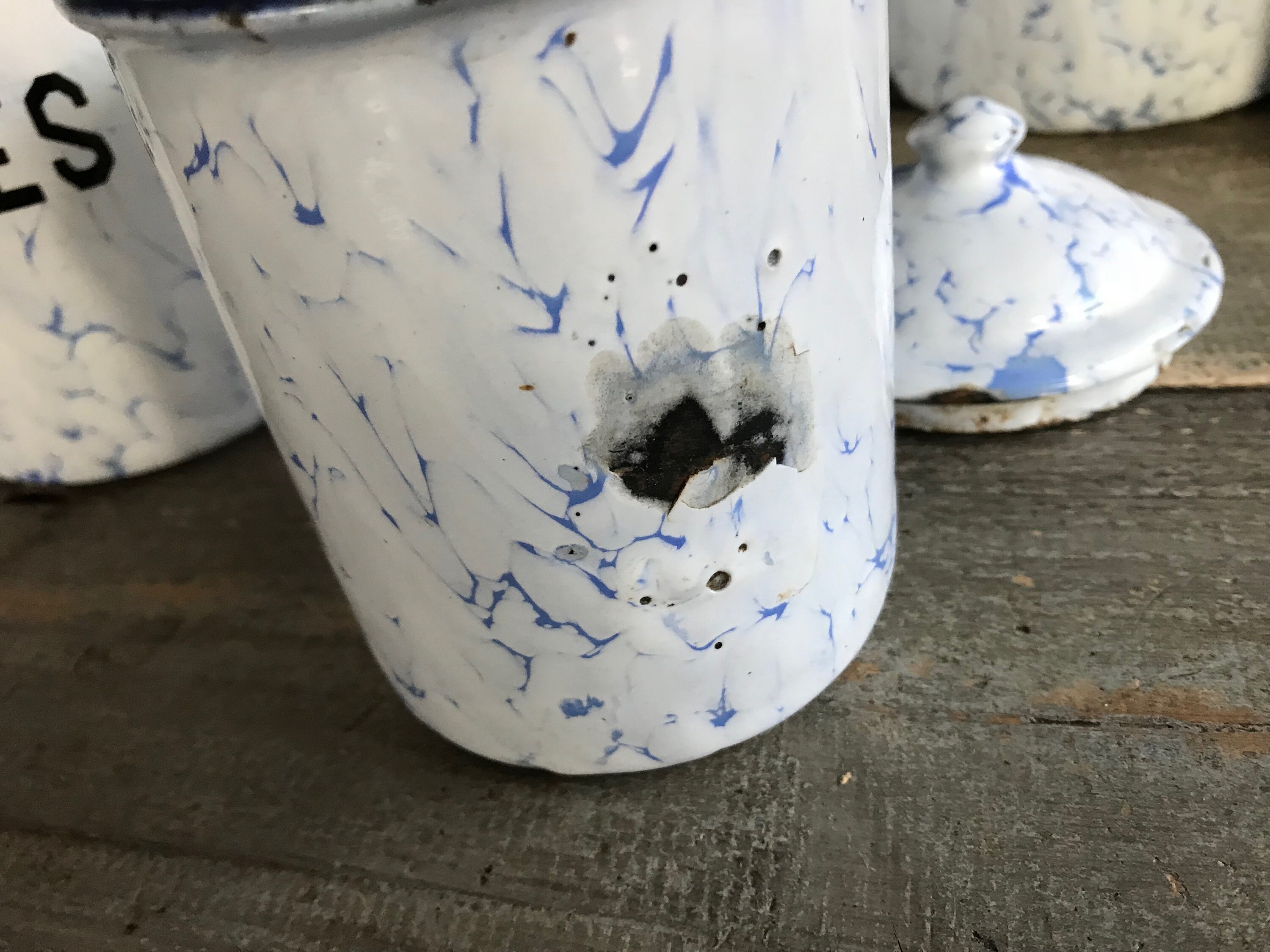 French Enamel Canister Set of 6, Pale Blue Marbled Enamelware