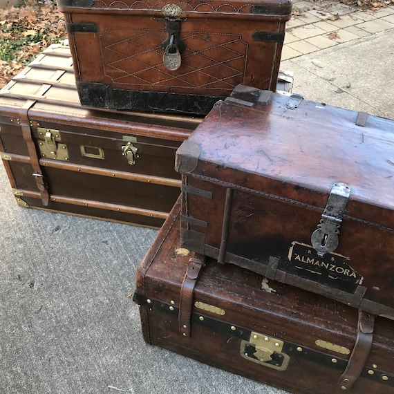 Antique Leather Iron Travel Trunk, Pakistani Maker, Original Early
