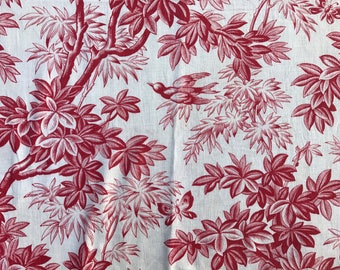1800s French Linen Toile Fabric, Red Leafy Birds and Butterfly Pattern, French Textile Collectors, Chateau Decor